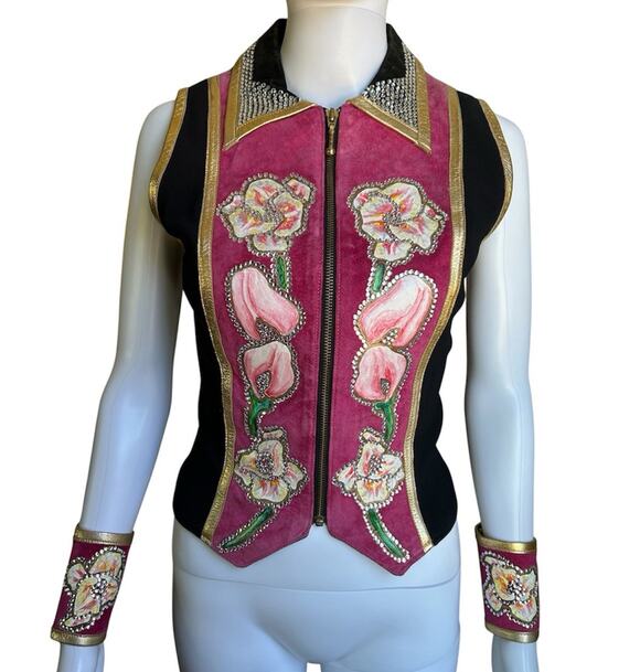 Diane Olsen Jackets & Blazers - Diane Olsen Canada Lambskin Suede Art Vest Rhinestone Floral Painted Vest Set L
